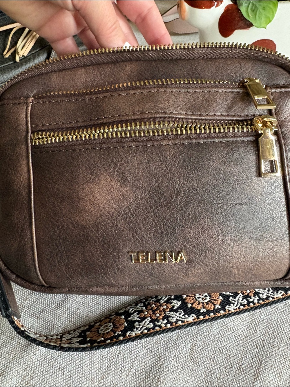 Telena Brown Leather Crossbody Bag with Embroidered Strap